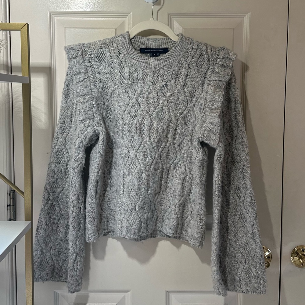 French Connection Gray Cable Knit Ruffle Shoulder Sweater M Sparkle Wool Blend